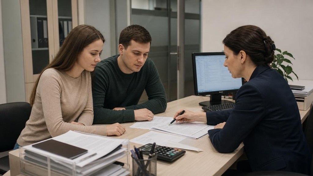 Семья обсуждает ипотечные документы с менеджером в банке