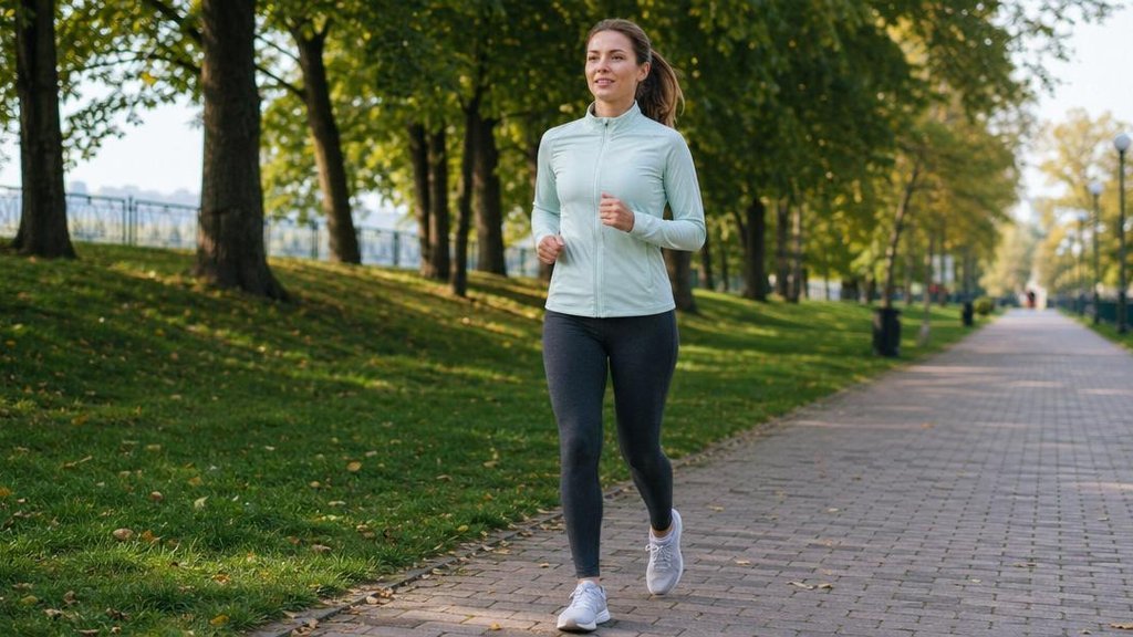 Женщина бежит по парку в солнечный день, лёгкая спортивная одежда