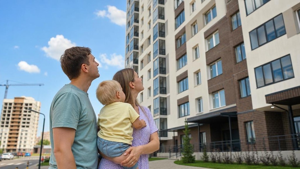 Родители с ребёнком на руках рядом с новостройкой