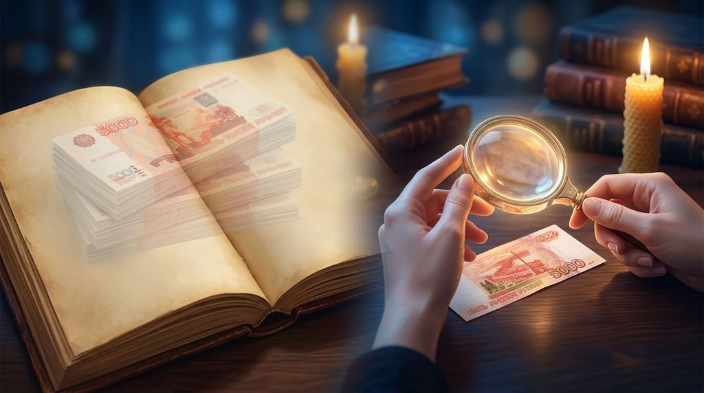 Старинная книга с полупрозрачными пачками денег и лупа для анализа снов о купюрах.