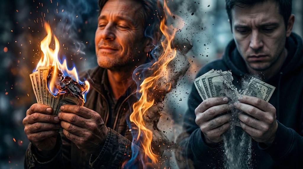 Руки держат пачку денег охваченную пламенем лицо выражает облегчение