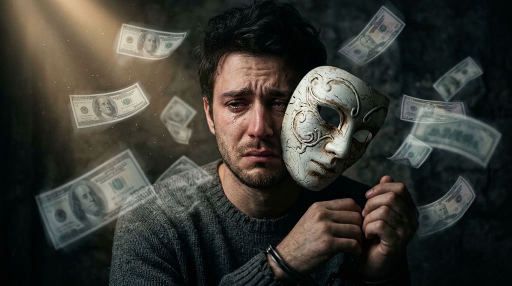 Лицо человека со спадающей маской выражает стыд и чувство вины