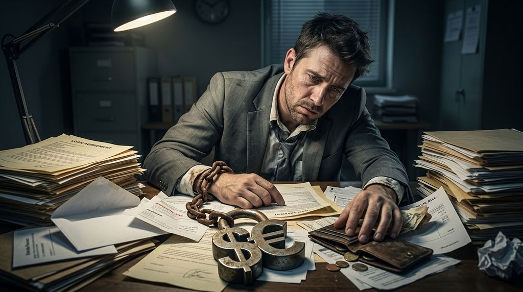 Человек прикован цепью к огромному замку в форме валюты