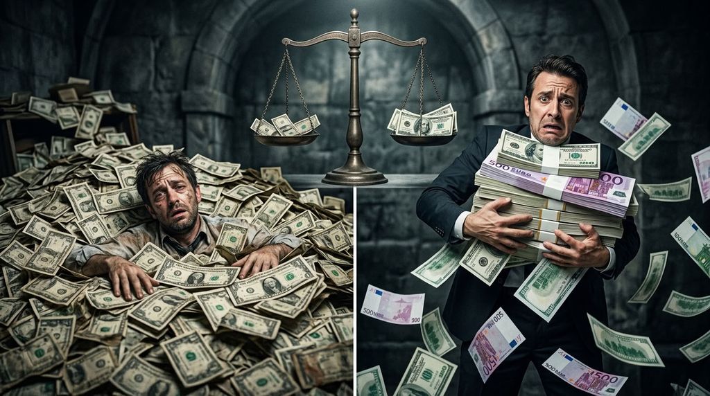 Человек тонет в горе мелких купюр символизируя суету и пустые хлопоты