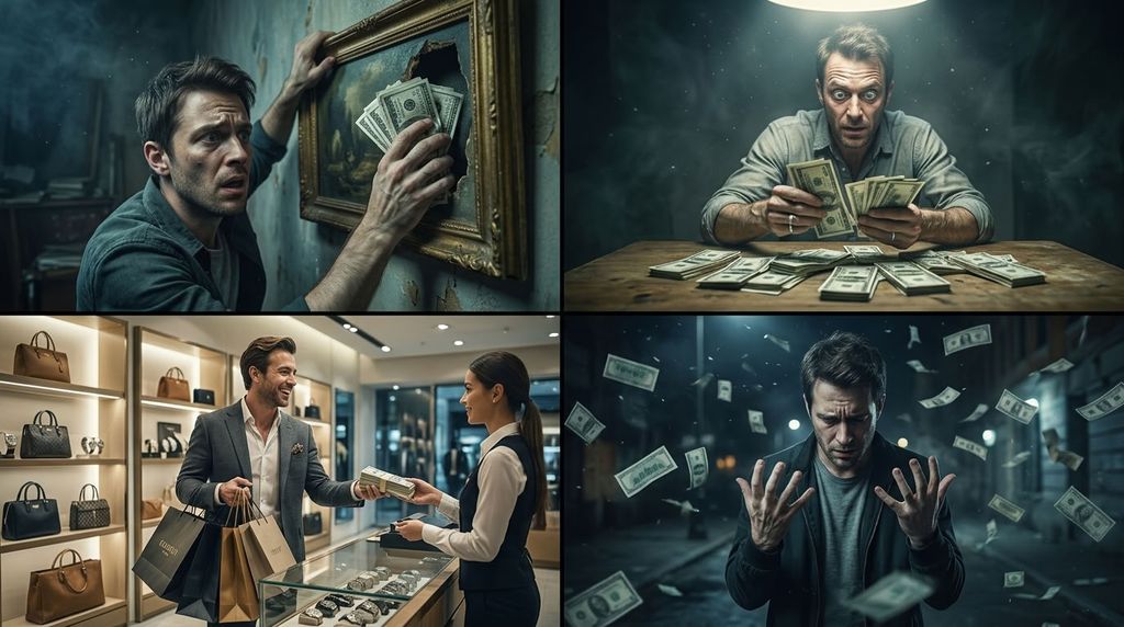 Человек прячет пачку денег в тайник испытывая страх перед будущим