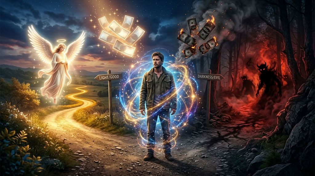 Человек на распутье двух путей со светлым ангелом и темными тенями