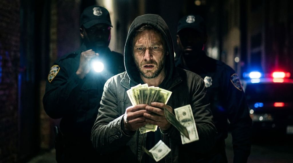 Испуганный человек с пачкой денег в луче света от фонаря охраны