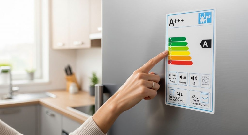 энергоэффективная маркировка класса А+++ на дверце современного холодильника как пример выбора экономичной бытовой техники