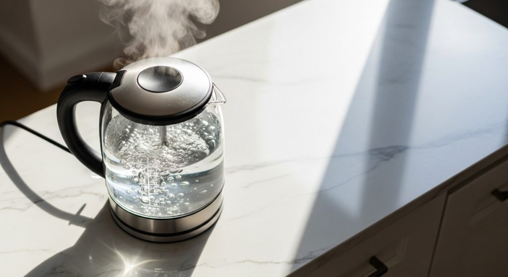 стеклянный электрический чайник с малым количеством воды на кухне для иллюстрации правильного кипячения и экономии электричества