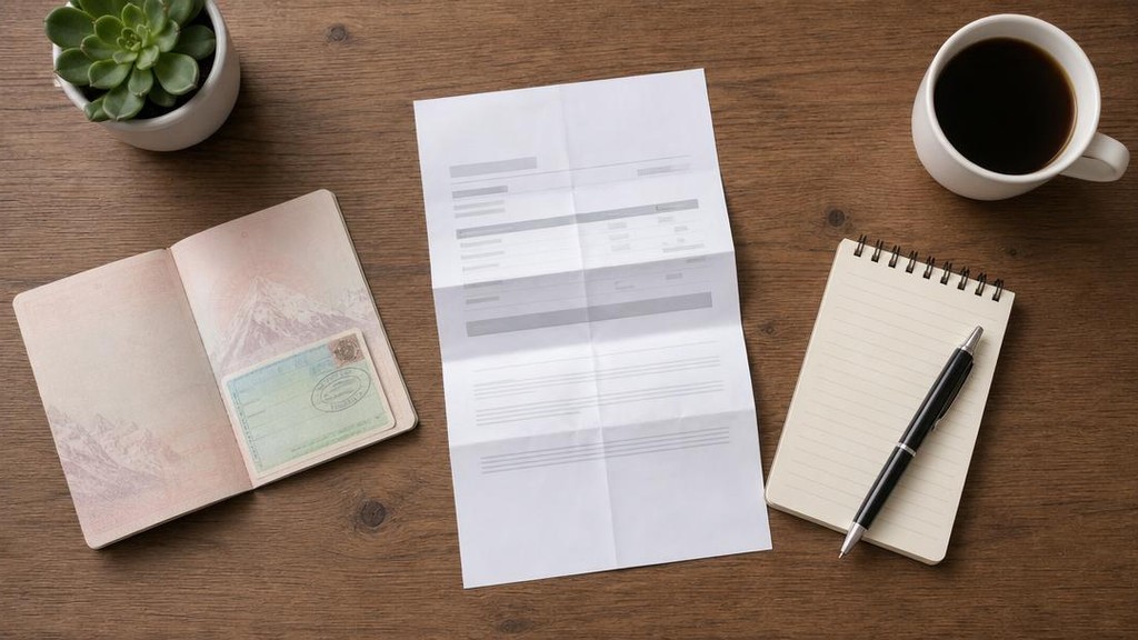 Документы для зарубежной поездки разложены на столе | Промт: Top-down flat lay of travel documents spread on wooden desk: open passport, folded paper printout, pen and small notepad, orderly minimal composition, soft diffused daylight, realistic editorial photography, no visible text on any surface, no brand logos