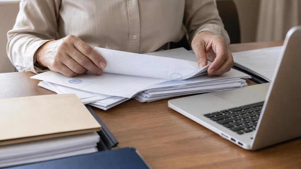 Руки просматривают страховые документы с печатями | Промт: Hands sorting through official paper documents with stamps on wooden desk, close-up shot without face, neutral daylight, realistic editorial photography, no visible text on any surface, no brand logos, no background figures