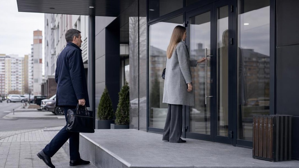 Вход в офис страховой компании без вывески | Промт: Entrance to an insurance company office building seen from street level, glass door with no visible signage, urban residential district background, overcast daylight, medium shot, realistic editorial photography, no brand logos visible, no visible text on any surface