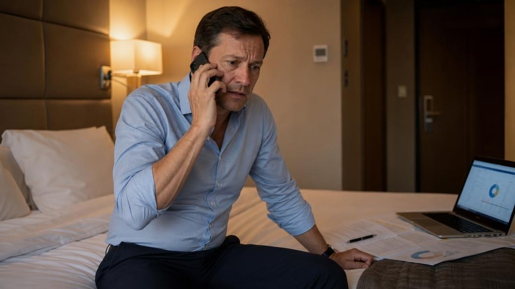 Мужчина звонит в ассистанс из гостиничного номера | Промт: Man in his forties in a casual shirt sitting on hotel room bed making an urgent phone call, looking concerned, papers spread next to him, warm ambient hotel room lighting, medium shot, realistic editorial photography, single person, no background figures, no brand logos visible