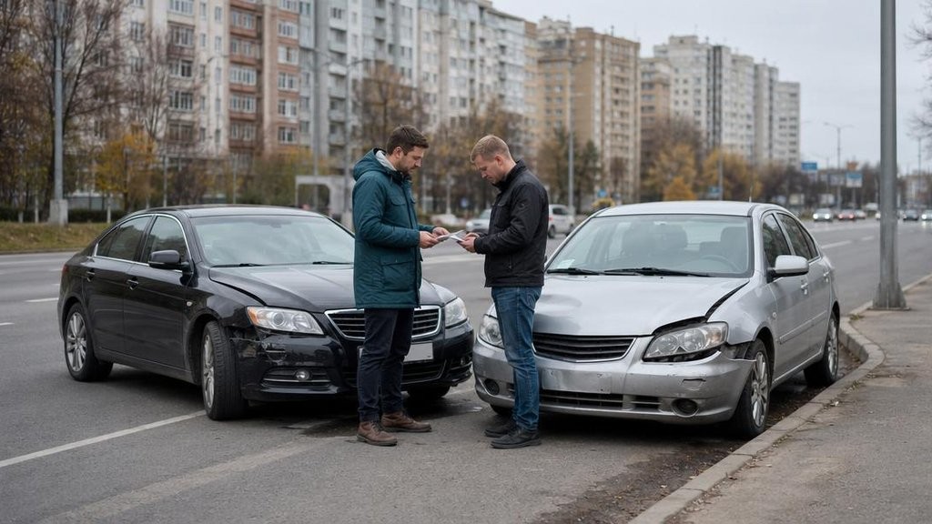 Два автомобиля после небольшого ДТП на городской дороге