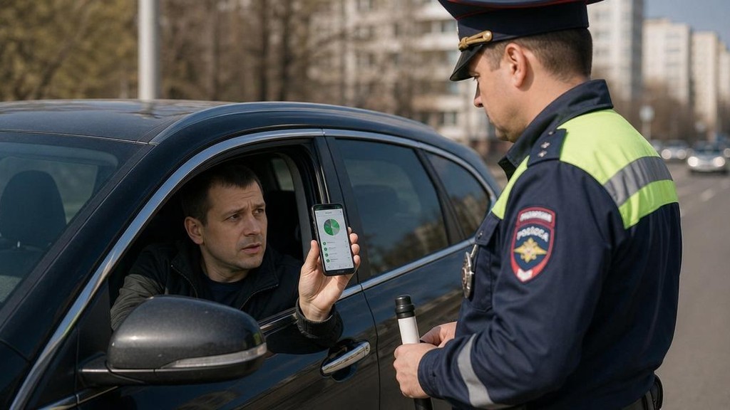 Водитель показывает электронный полис ОСАГО на телефоне инспектору