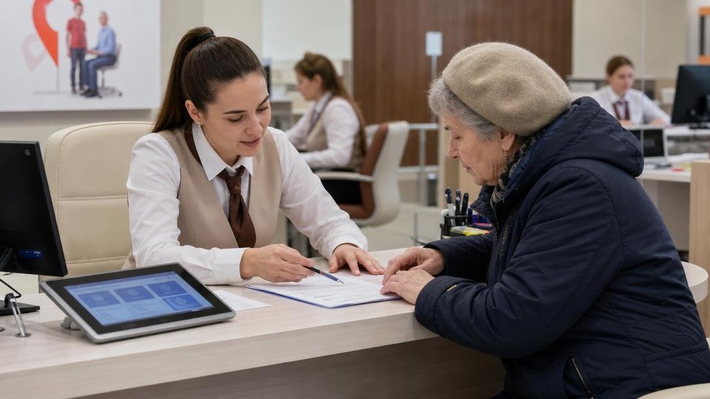 пожилая женщина и молодой специалист МФЦ оформляют документы на субсидию