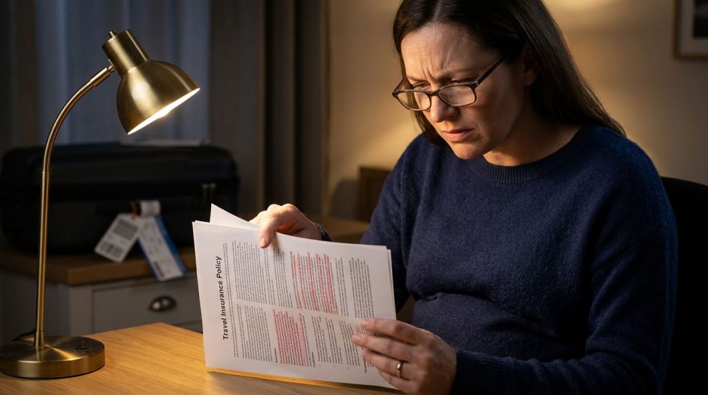 Беременная женщина изучает договор страхования с мелкими пунктами исключений перед поездкой