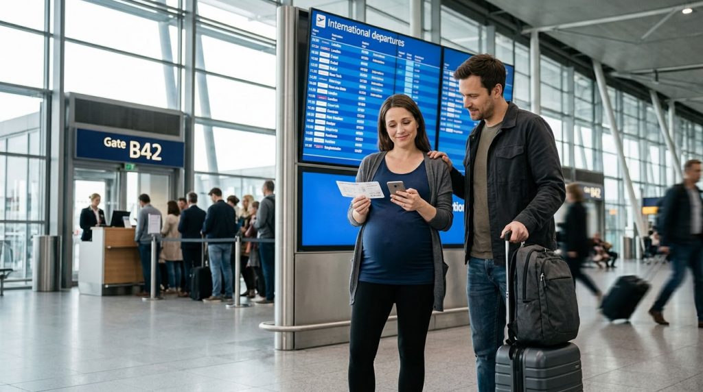 Беременная женщина с мужем в аэропорту проверяет детали страховки перед вылетом за границу