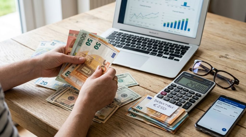 Женские руки пересчитывают евро и доллары на столе с калькулятором для расчета страховой франшизы