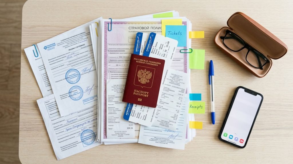 Стопка документов для страховой выплаты включая паспорт полис чеки и медицинские выписки