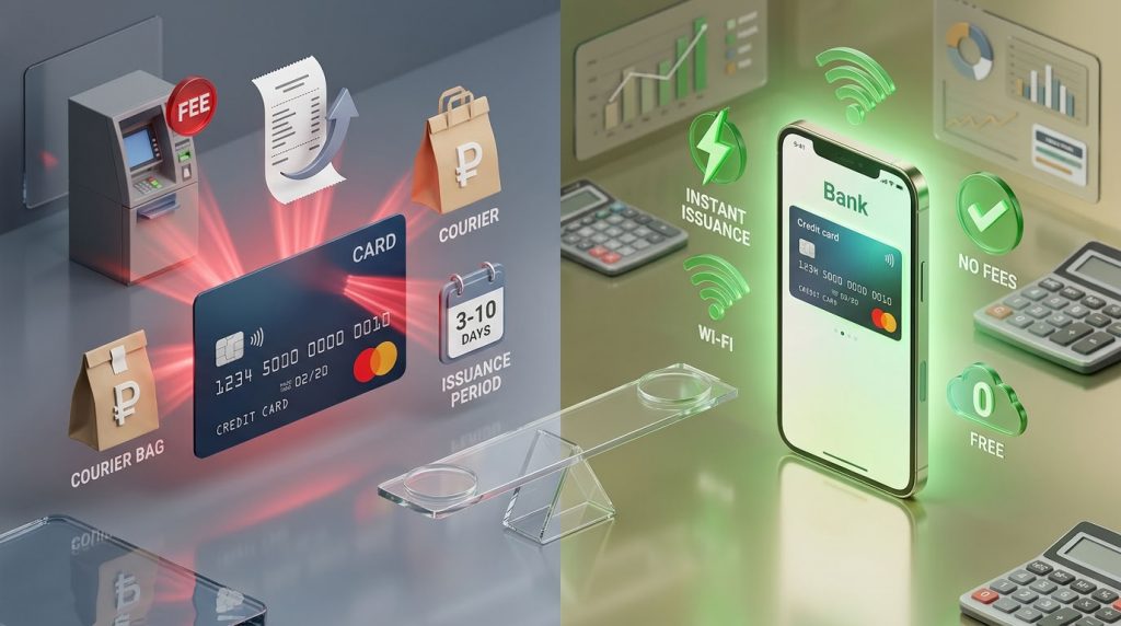 Сравнение скрытых комиссий и расходов пластиковой и виртуальной кредитной карты с весами экономии