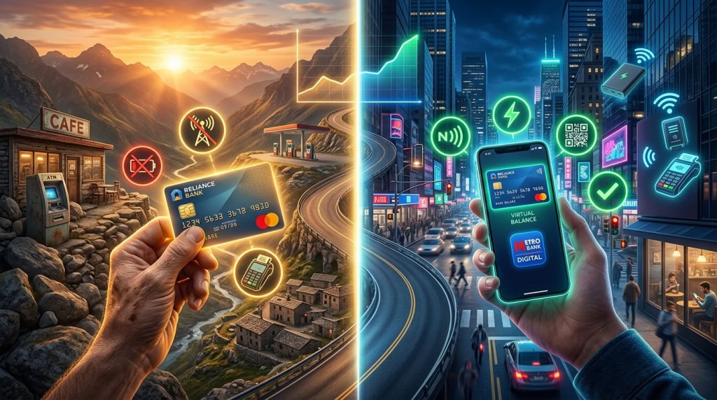 Пластиковая кредитная карта на фоне горной дороги и смартфон с виртуальной картой в городе, сравнение сценариев оплаты без интернета