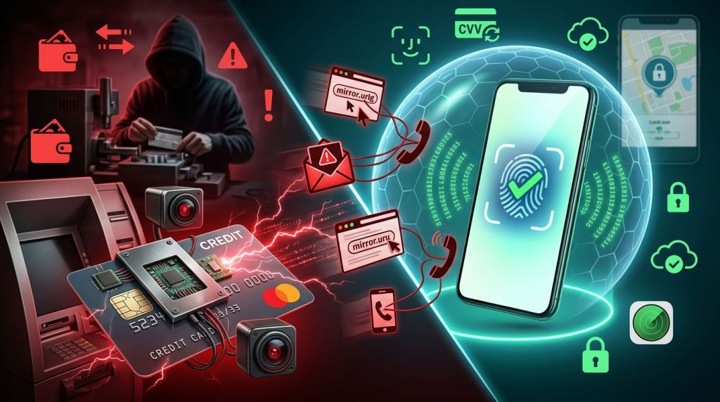 Сравнение защиты пластиковой кредитной карты от скимминга и цифровой карты в смартфоне с биометрией и динамическим кодом