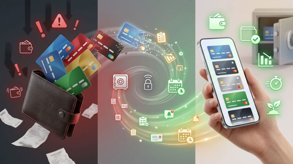 Трансформация пяти пластиковых кредитных карт из кошелька в цифровые карты в смартфоне с элементами контроля и экономии