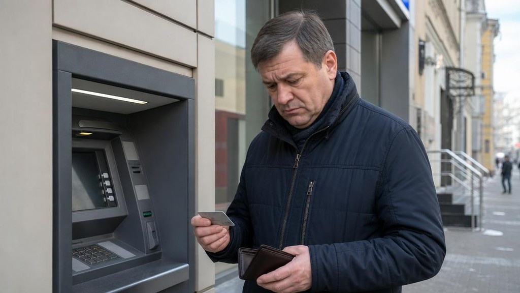 мужчина проверяет баланс карты перед покупкой у банкомата
